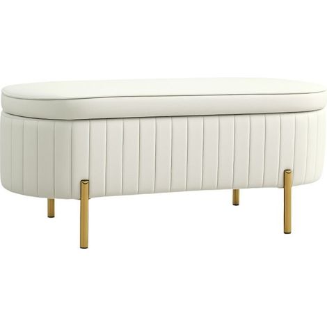 Banquette coffre crème et dorée, revêtue de tissu et structure métallique, équipée d'un couvercle rabattable et d'un espace de rangement (1/5)