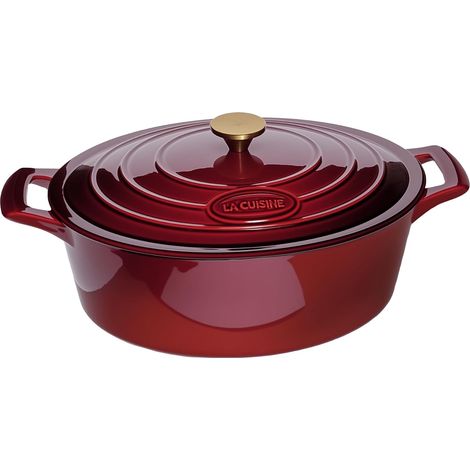 La Cuisine 6.5L Oval Enamelled Cast Iron Dutch Oven, 33 cm, Matte Black Enamelled Interior Cocotte, Cranberry, Gold Plated Stainless Steel Lid Handle, Oven Safe (1/5)