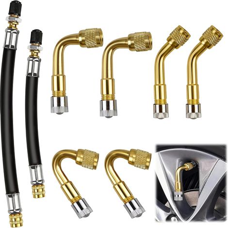8 Pezzi Prolunga Valvola Pneumatico, Prolunga Valvola Pneumatico Angolata 45° 90° 135° e 2 Tubi Flessibili in Gomma in Ottone, Adattatore Valvola per Auto Moto Bici Camion Camper Rimorchio (1/5)
