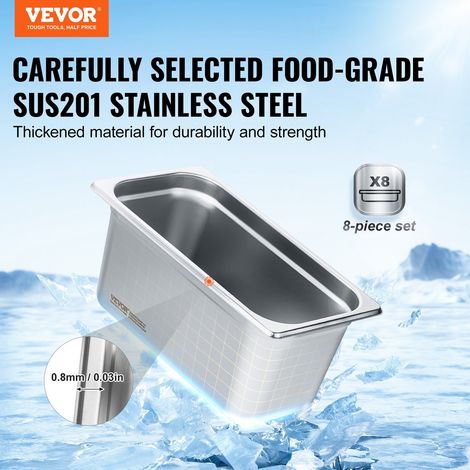 Bac Gastronorme GN 1/3 Lot de 8, Récipient Inox pour Bain-marie 0,8 mm d'Épaisseur, Bac Inox Alimentaire avec Couvercle 14,8 cm de… (1/5)