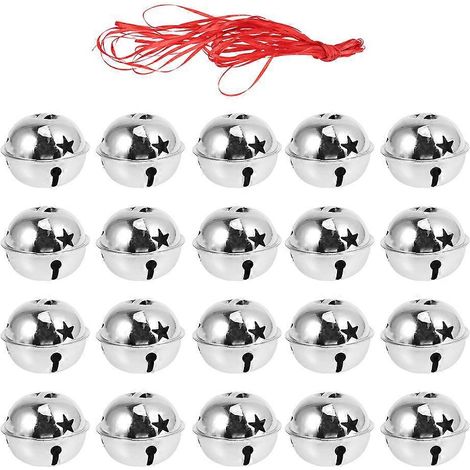 21 clochettes de Noël miniatures brillantes en forme d'étoile à cinq branches, faites à la main (20 clochettes argentées de 4 cm + ruban de 10 m)-4X4CM-Silver