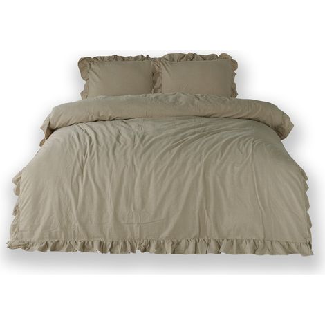 Bettwäsche-Set 160x200 cm, 100 % Baumwolle, formbeständig, mit Rüschen – beige (1/3)