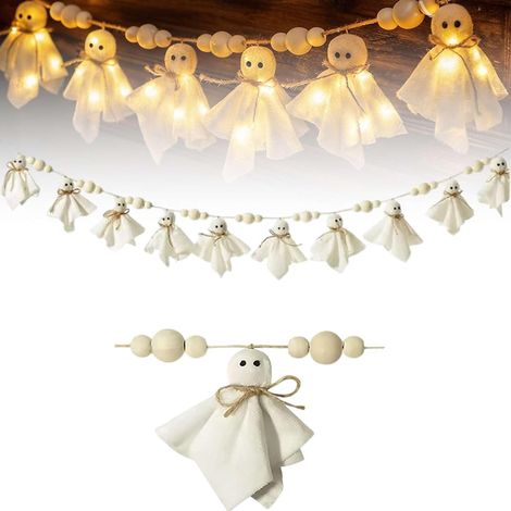 Guirlande Fantômes Halloween avec Lumières et Perles en Bois, Décoration Suspendue pour Mur, Porte, Cheminée et Fête, 213 cm (1/5)