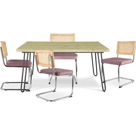 Confezione Tavolo da pranzo di design industriale 120cm e 4 sedie da pranzo in rattan - Rivestimento in velluto - Martha Rosa