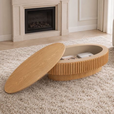 Table basse avec rangement forme ovale rangement caché table de salon plateau cannelé placage en bois massif bois naturel montage (1/5)