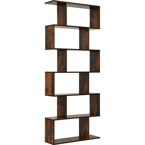 Bibliothèque 6 niveaux en forme de S café en bois avec compartiments ouverts et fixation anti-basculement pour salon bureau chambre (1/5)