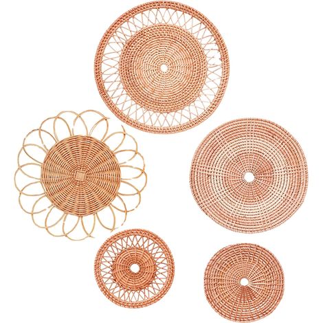 Wanddekoration aus geflochtenem Rattan, 5er-Set Hängekörbe in Braun und Beige, Größen 20–33 cm, Bohème-Handwerkskunst für ein stilvolles Wohnzimmer und praktische Aufbewahrungsmöglichkeiten (1/5)