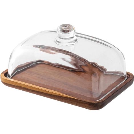 Boîte à beurre avec couvercle, base en bois, couvercle en verre, marron, dimensions : 18 × 12 × 9,5 cm, couleur : marron (1/5)