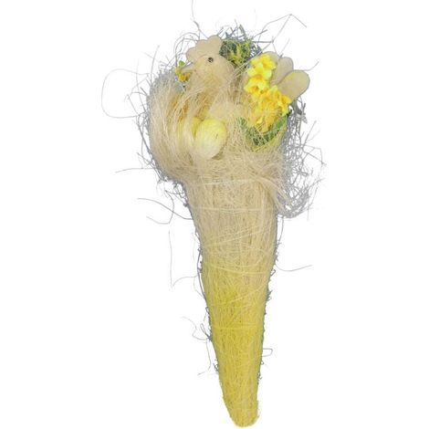 Gallo con huevos en un capullo de sisal, decoración de Pascua amarilla (1/2)