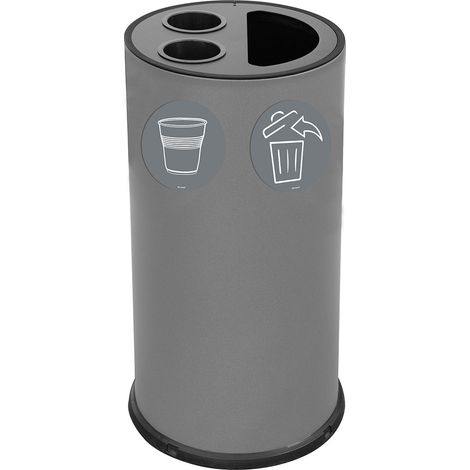 Pattumiera a Bidone per Raccolta Differenziata Ø35x72 cm 2 Scomparti Tubolari e 1 Scomparto da 35 L in Acciaio Verniciato Grigio