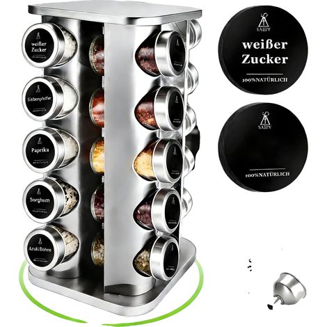 Estante para especias, estructura de acero inoxidable, diseño giratorio de 360°, juego de botes para especias (1/2)