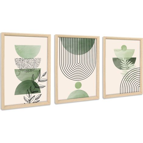 3pcs Cadre En Bois Impression Sur Toile Boho Vert Sauge Tableau Peinture Minimaliste Géométrique Beige Vert Tableau Decoration Murale Salon Chambre Maison 90x40cm(12"X16"X3pcs) (Pas De Plexiglas) (1/5)