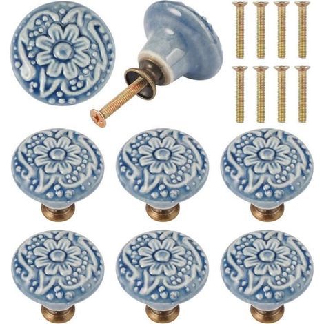 (Verschiedene Farben (nicht angegeben)) Türknöpfe – Vintage – 8 Stück – Keramik – Blumenmuster – 34 mm (1/4)