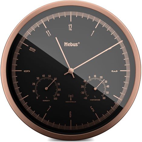 Mebus Pequeño Reloj de Pared inalámbrico TinyTime con termómetro e higrómetro  Reloj de Pared sin Ruido de tictac  Diámetro 25 cm  Esfera Moderna en Negro  Caja de Cobre  Temperatura y Humedad