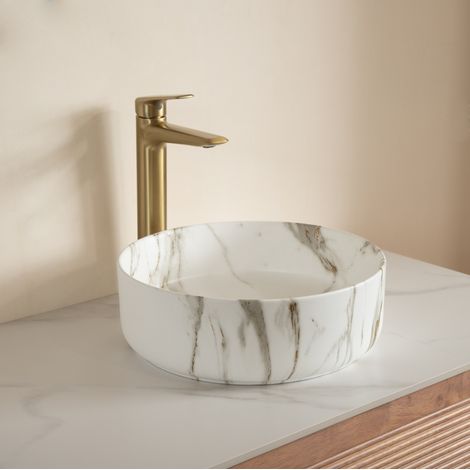 Lavabo redondo de cerámica con motivo piedra, resistencia a las manchas, para encimera o mueble, blanco (1/5)