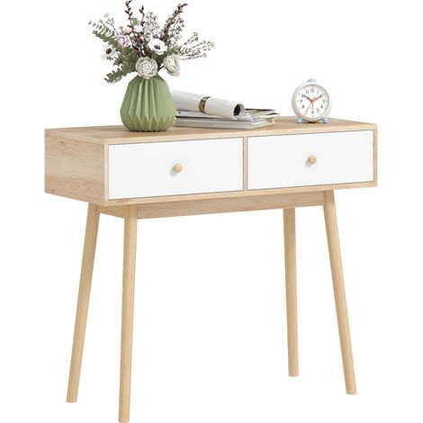 Console à 2 tiroirs, design moderne en chêne et blanc, idéale pour une entrée, un salon ou un couloir, 86 x 35 x 75 cm (1/5)