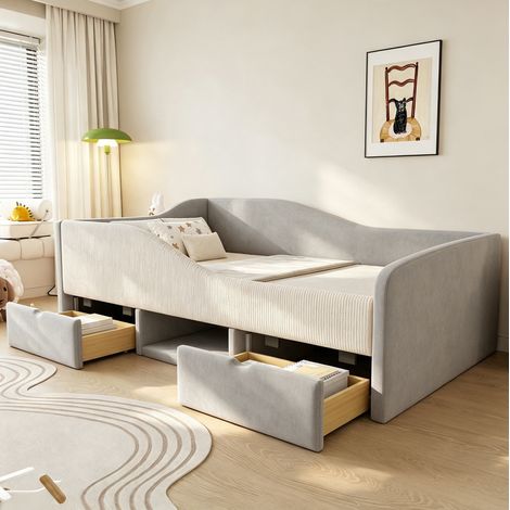 Cama infantil de 90x190 cm con espacio de almacenamiento, barandillas de seguridad y somier de láminas, de terciopelo gris. (1/5)
