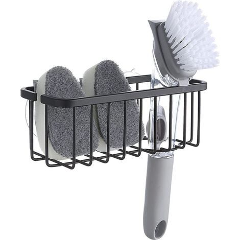 Organiseur d'évier de cuisine de luxe à ventouse pour éponges, brosses, savons, cuisine, salle de bain, acier inoxydable 304 (texture brossée, 7.4 x 3.3 x 2.75 pouces) (éponges et brosses non incluse