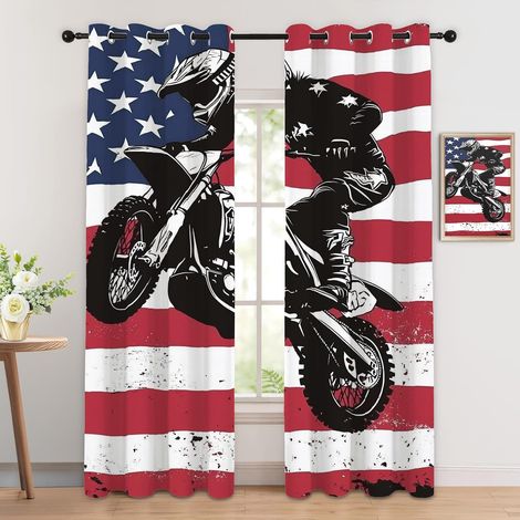 Rideau Occultant Drapeau Américain - Décoration Drapeau Américain, Rideau Thermique Motif Moto Sport Extrême, Lot de 2 Rideaux Opaque à Oeillets pour Fenetre Chambre Salon, 140x160 cm (LxH) - 2x L 140 (1/5)