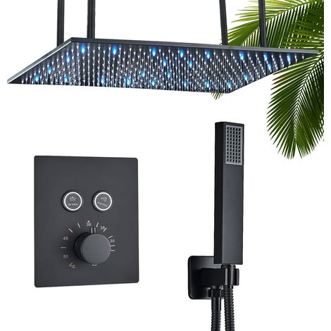 Colonne de douche hydromassante LED montage au plafond 40 X 80 cm douche de pluie corps entier système de douche de pluie, noir ensemble de douche mitigeur de douche (1/5)
