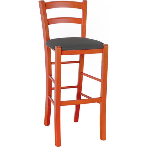 Rustikaler hoher Hocker aus orangefarbenem Holz, H 73 cm, mit anthrazitfarbenem Kunstledersitz
