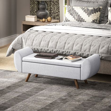 Gris - Fond de lit en banc de rangement avec accoudoirs, pouf en tissu avec pieds en bois et compartiment 53, 8L, 132x42x50 cm (1/4)
