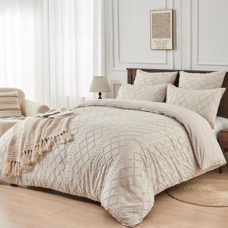 Bettwäsche 200x200 cm Beige Getuftet Geometrisch Mikrofaser 3-teilig mit Reißverschluss