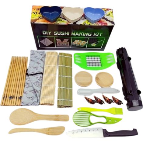 Kit 26 pièces pour sushi, rouleau bambou, couteau, moule riz, trancheur avocat, baguettes, plateau sauce, cadeau famille (1/5)
