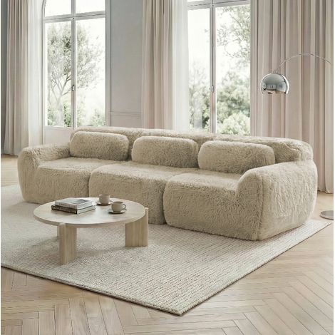 Canapé droit 3 places en tissu peluche premium, 32D hautement élastique,Doux et confortable, Base antidérapante, 291×104×73cm, Kaki clair