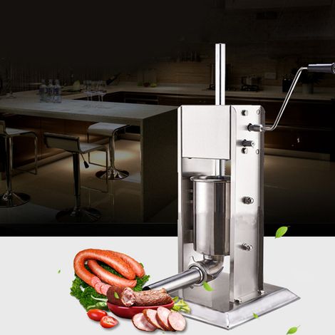 Avvolgitrice verticale in acciaio inox per salsicce, 3 litri, manuale a 2 velocità, con 4 tubi di riempimento.
