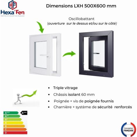 Fenêtre PVC bicolore - Triple vitrage - Tirant Gauche - Blanc et Anthracite - LxH : 500 mm x 600 mm
