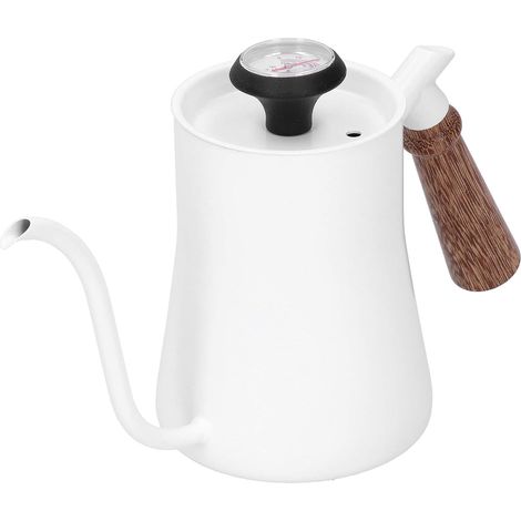 Théière bouilloire à col de cygne, théière en acier inoxydable 650 ml, verser sur la cuisinière à café Théière bouilloire à col de cygne avec thermomètre pour café et thé à verser(650mlblanc) (1/5)