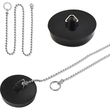 Bouchon de vidange en caoutchouc avec chaîne de verrouillage pour baignoire, cuisine, salle de bain, lot de 2, 40-45 mm, noir