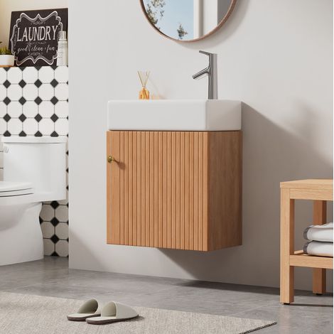 Mueble de lavabo suspendido 46x26x56 cm MDF natural con almacenaje, para baño pequeño – MEUBLIV (1/5)