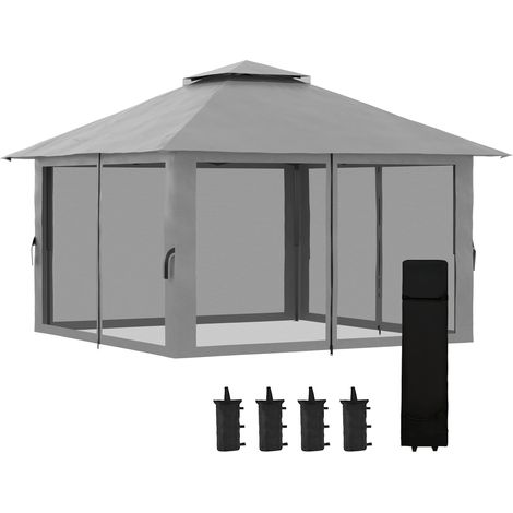 Höhenverstellbarer Faltpavillon, 4 Seitenwände aus Moskitonetz, belüftetes Dach, Tragetasche, Schnellaufbau, dunkelgrau, 4 x 4 x 3 m
