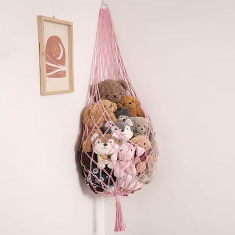 Solutions de rangement pour peluches, filet d'angle suspendu, hamac en macramé pour peluches, présentoir à jouets, support mural pour peluches (rose clair)