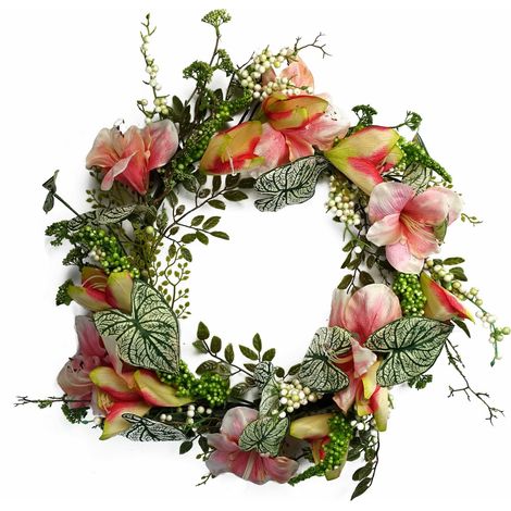 60cm Artificial Pink Lily Flower Wreath (1/5)