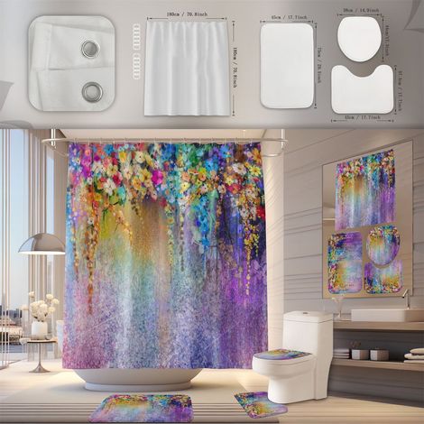 Rideau De Douche - Tapis De Bain Non Glissant - Couvre-Cuvette - Tapis En Forme De U - Ensemble 4 Pièces - 180 X 180 Cm - Polyester (1/5)