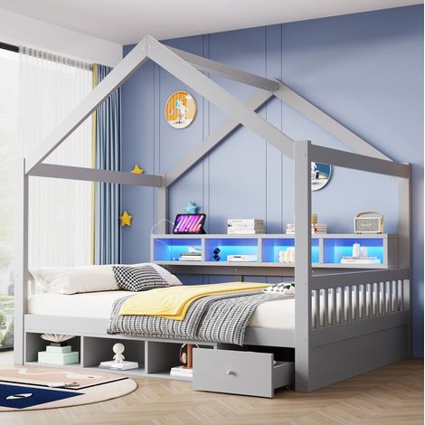 Letto casetta 140x200 cm grigio con LED e contenitori, senza materasso - MEUBLIV (1/5)