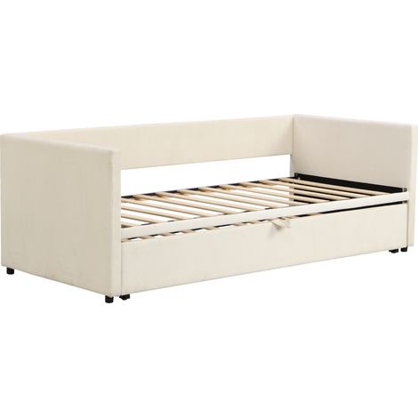 Canapé-lit rembourré extensible 90/180200 cm avec sommiers à lattes, lit multifonction en velours doux pour la peau, beige (1/5)