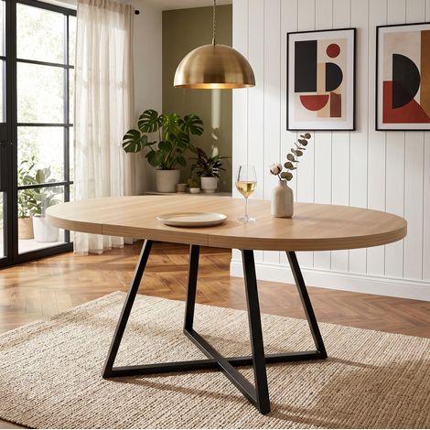 Mesa de comedor extensible 100/140 x 100 cm, redonda, en MDF, color roble (1/5)