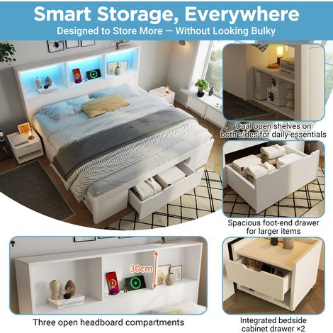 Lit 140x190 cm blanc avec rangement et 2 tables de chevet mobiles, lit fonctionnel, lit double en bois avec éclairage LED et fonction de charge USB Type-C, cadre de lit avec tiroir et étagères, sans m (1/5)