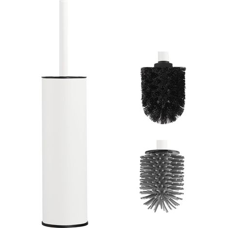 Freistehendes WC-Bürstenset – 2 austauschbare Bürstenköpfe – Metall und Silikon – Gründliche Reinigung, tropffrei – Modernes Badezimmer – Weiß (1/5)