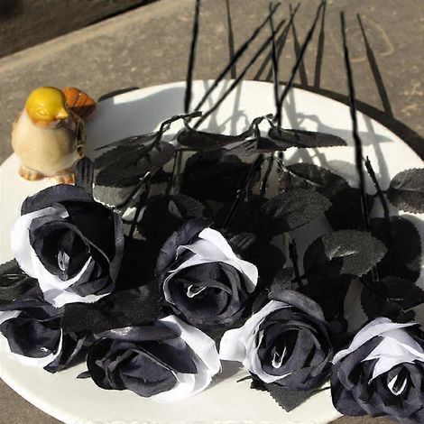 Bouquet de roses artificielles noires en soie, style gothique, pour salon (1 pièce).noir, blanc (1/5)