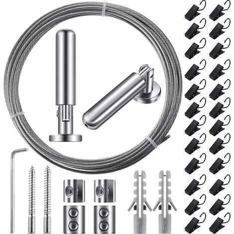 Tringle à rideau en fil métallique de 5 m (196 pouces) avec 24 clips réglables pour rideaux, décoration murale, photo, artisanat, fenêtre (1 ensemble) (1/5)