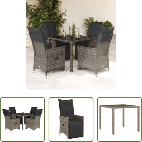 Relaxsessel - 5-tlg. Garten-Bistro-Set mit Kissen Grau Poly Rattan (1/5)