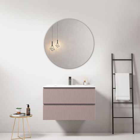 Mobile bagno sospeso cannettato 80 cm Rosa Retro Lavabo in Ceramica Specchio Tondo - Fiji Paint (1/4)