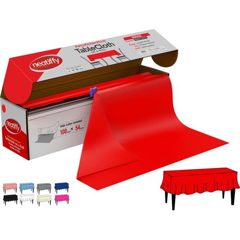Nappe Rouleau Jetable - Couvre Table en Plastique Étanche et Épais - Cutter Latéral Intégré - Table de Fêtes Rectangulaire, Carrée, Ronde Ovale - 137cm x 32.9m - Rouge (1/5)