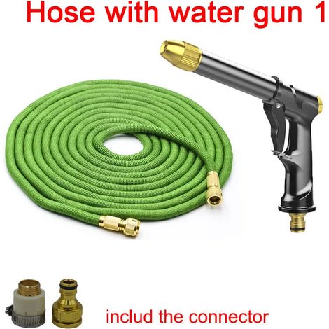 Tuyau d'arrosage extensible Magic Hose (vert, 335 m) avec pistolet à eau haute pression et outils de nettoyage pour lavage de voiture.