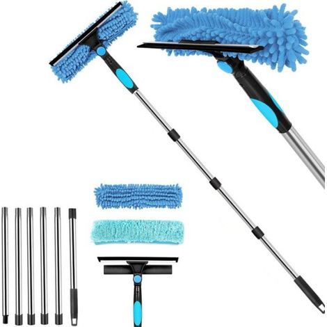 2 en 1 Professionnel Raclette Vitre, Kit Nettoyage Vitre avec 2 Chiffons Microfibres et Manche Telescopique Lave-vitres (1/5)